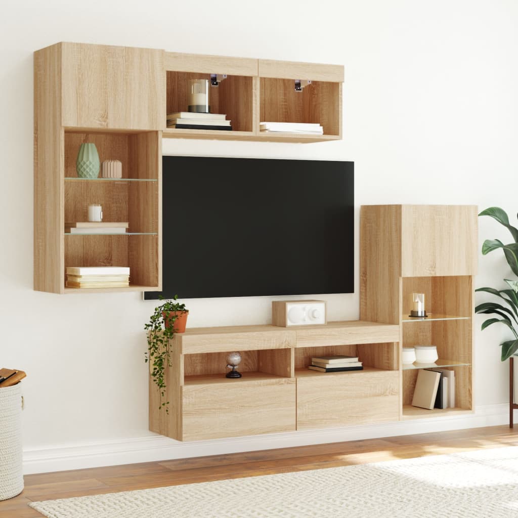 vidaXL 5-dijelni zidni TV elementi s LED svjetlima boja hrasta drveni