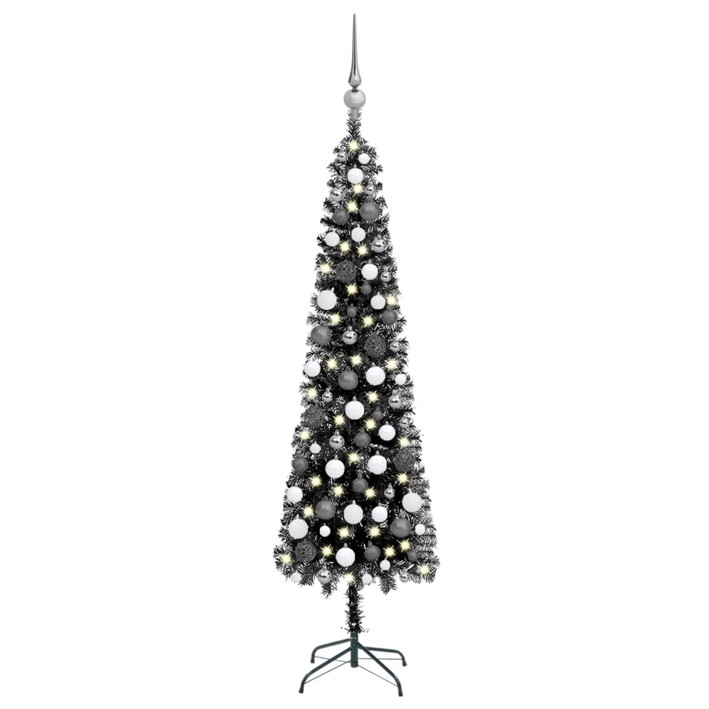 vidaXL Tanko osvijetljeno božićno drvce s kuglicama crno 150 cm