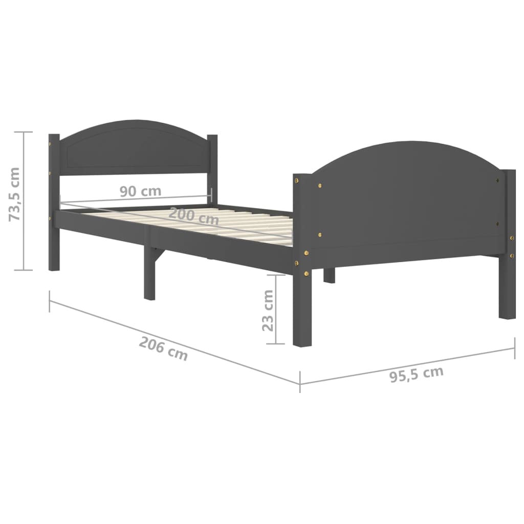 vidaXL Okvir za krevet od masivne borovine tamnosivi 90 x 200 cm