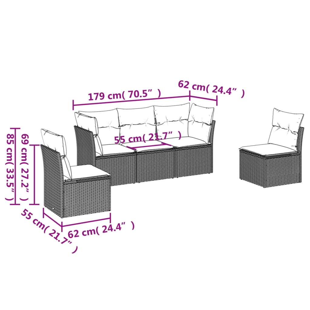 vidaXL 5-dijelni set vrtnih sofa s jastucima poliratan smeđi
