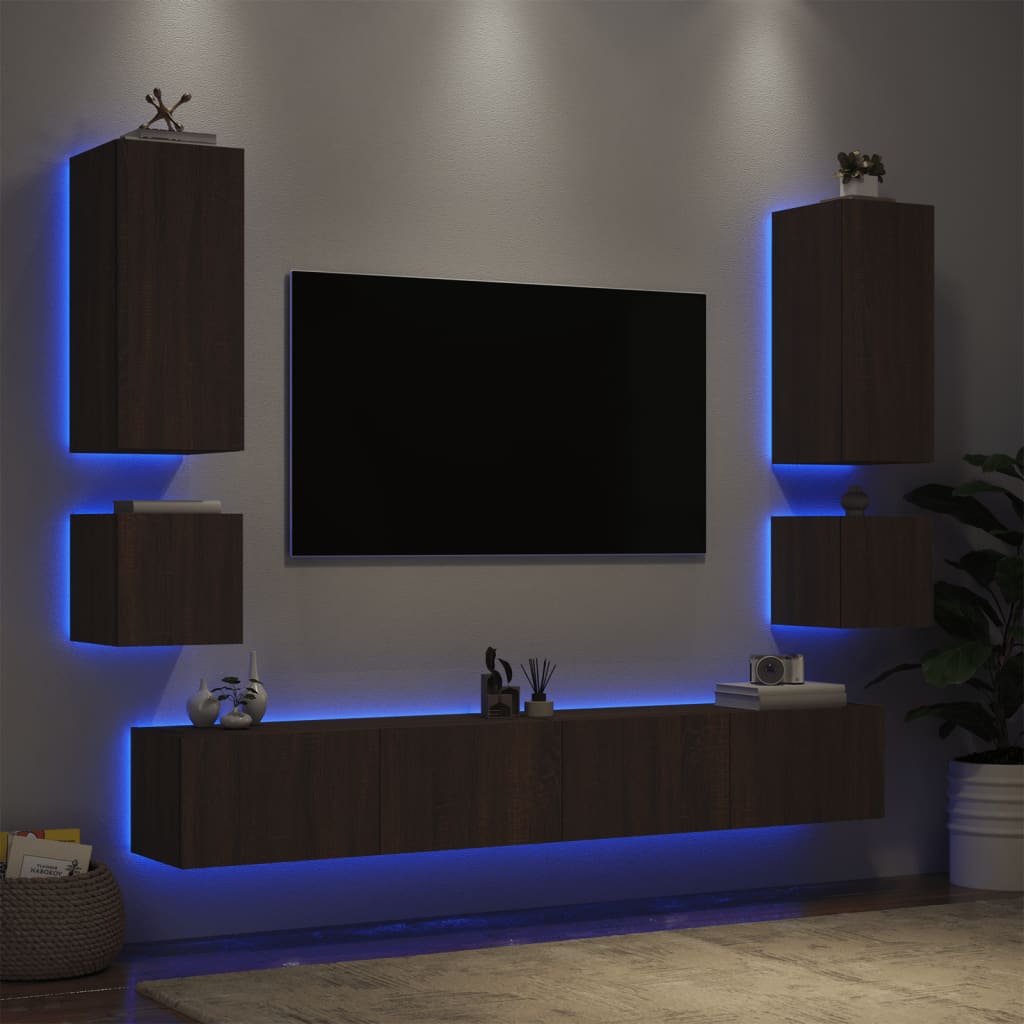 vidaXL 6-dijelni zidni TV ormarići s LED svjetlima smeđa boja hrasta