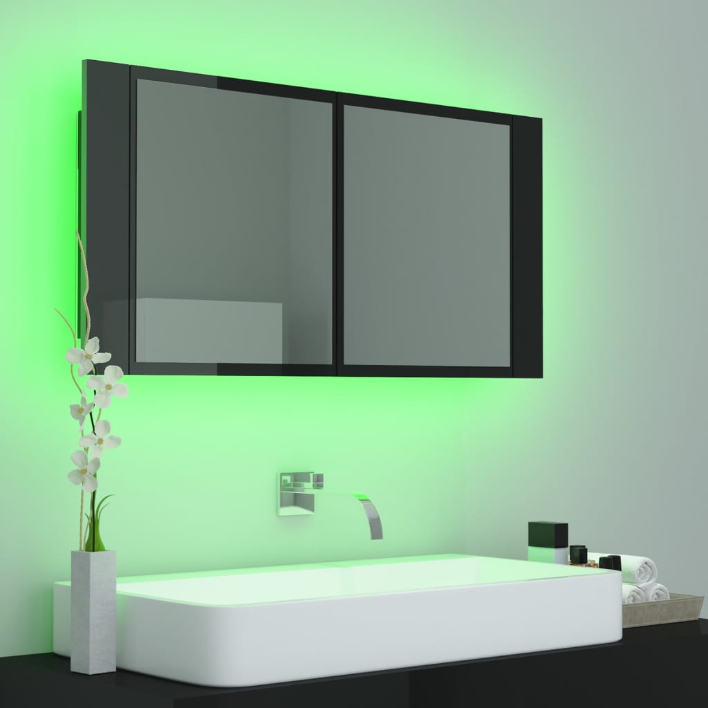 vidaXL LED kupaonski ormarić s ogledalom visoki sjaj crni akrilni