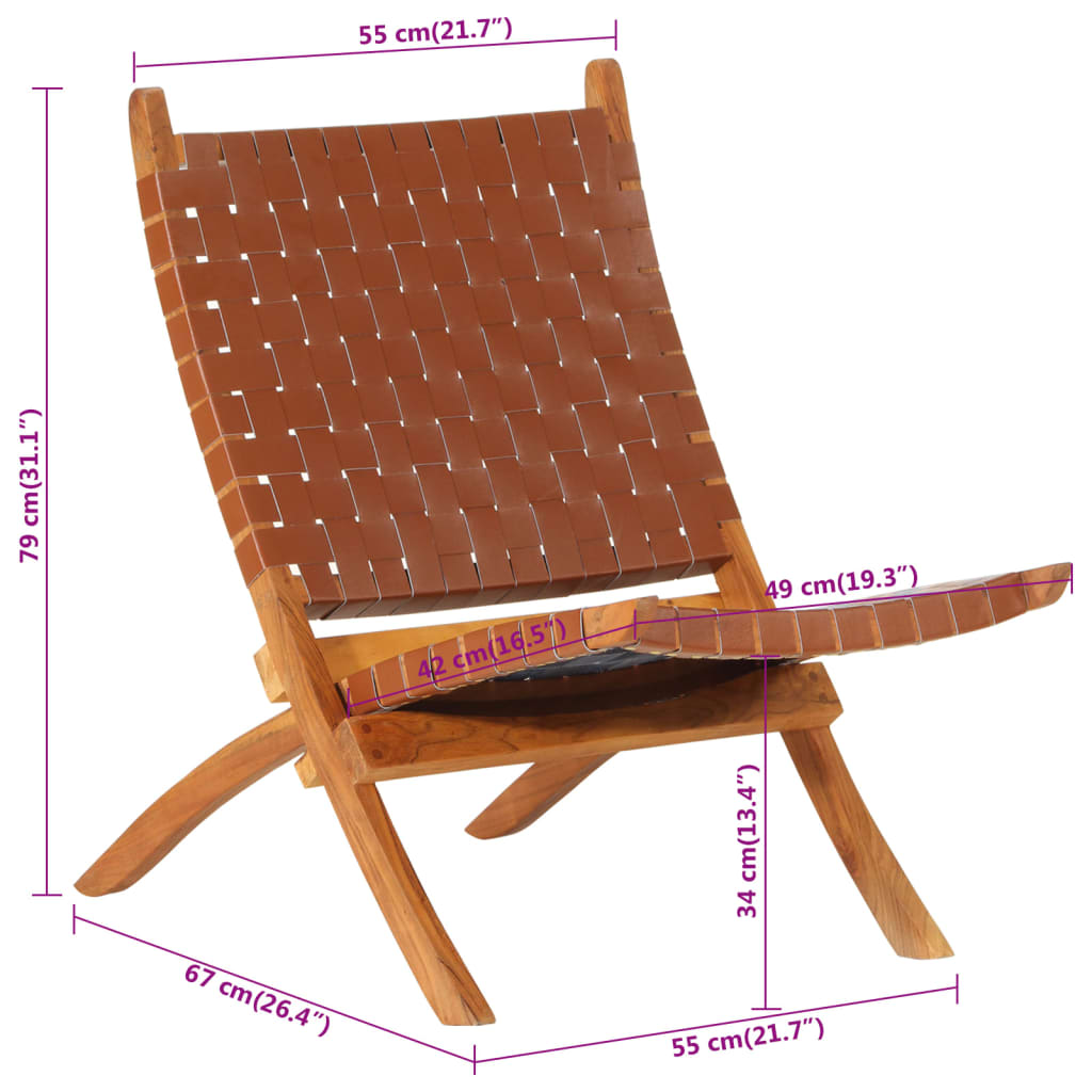 vidaXL Sklopiva stolica za opuštanje smeđa od prave kože