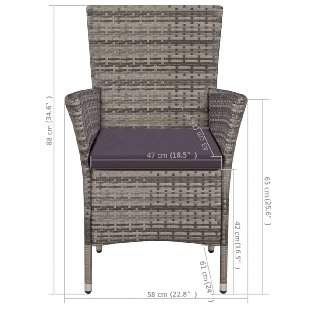 vidaXL Vrtna stolica i tabure od poliratana s jastucima sivi