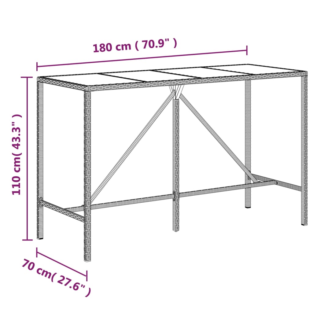 vidaXL Barski stol sa staklenom pločom sivi 180x70x110 cm poliratan