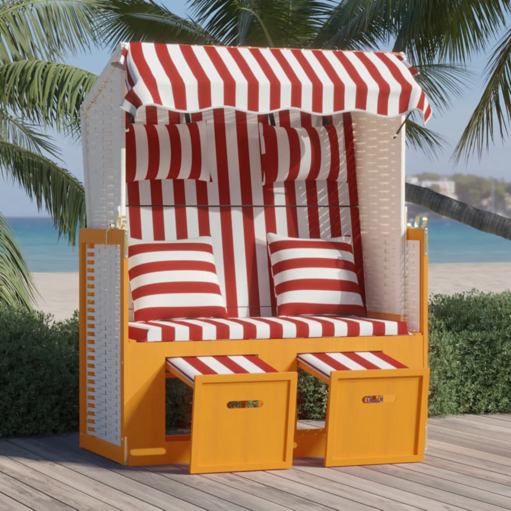 vidaXL Ležaljka za plažu s jastucima crveno-bijela poliratan i drvo