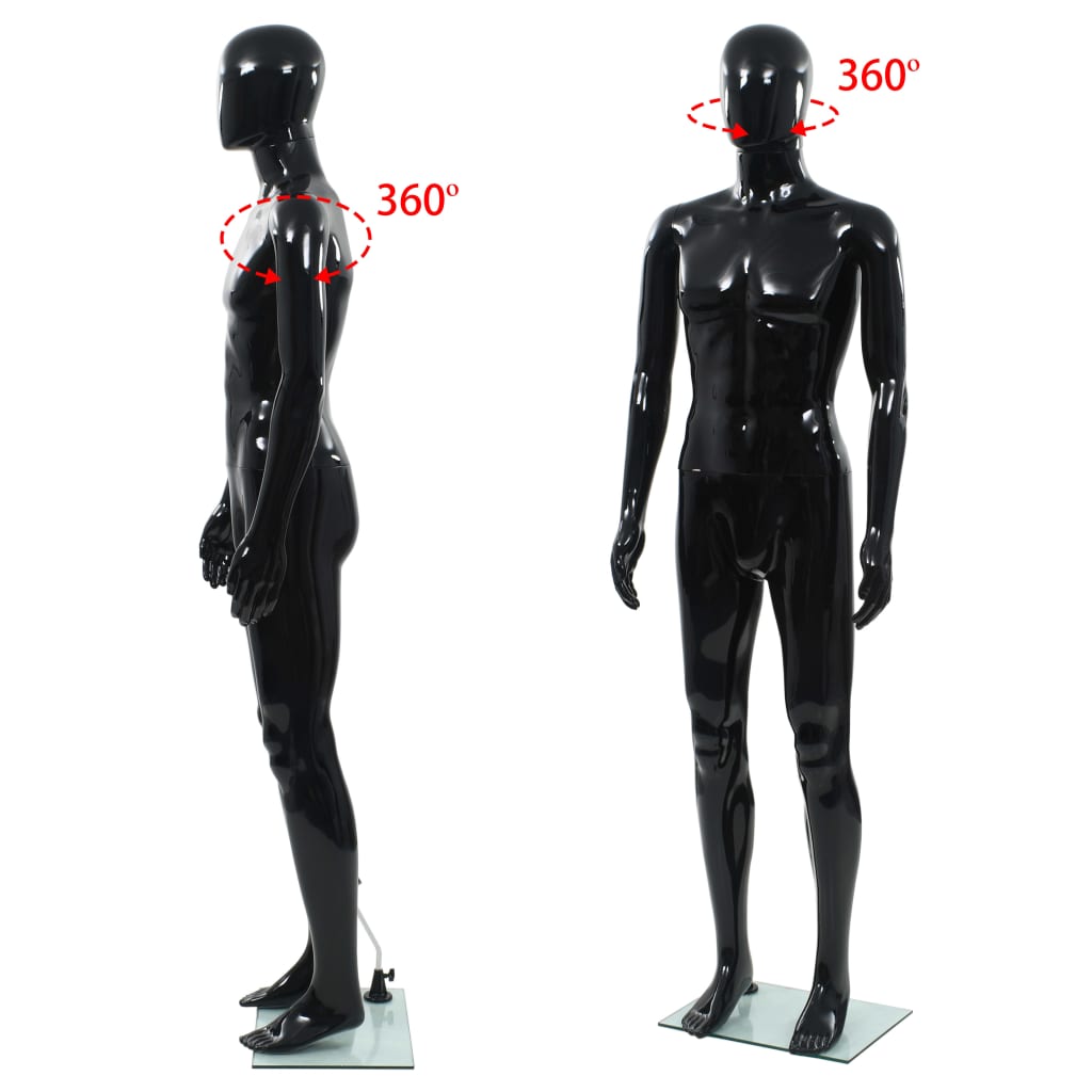 vidaXL Muška lutka za izlog sa staklenim postoljem crna sjajna 185 cm