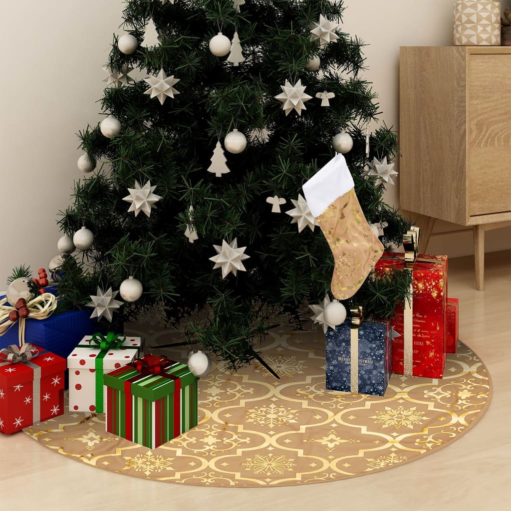 vidaXL Luksuzna podloga za božićno drvce s čarapom žuta 90 cm tkanina