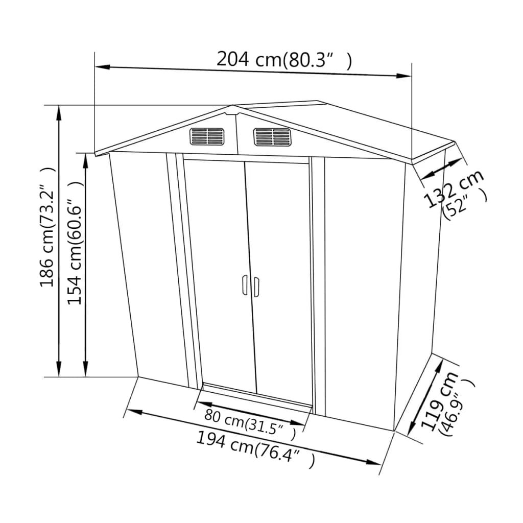 vidaXL Vrtna kućica za pohranu siva metalna 204 x 132 x 186 cm
