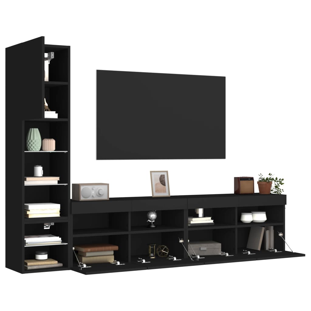 vidaXL 4-dijelni zidni TV elementi s LED svjetlima crni drveni