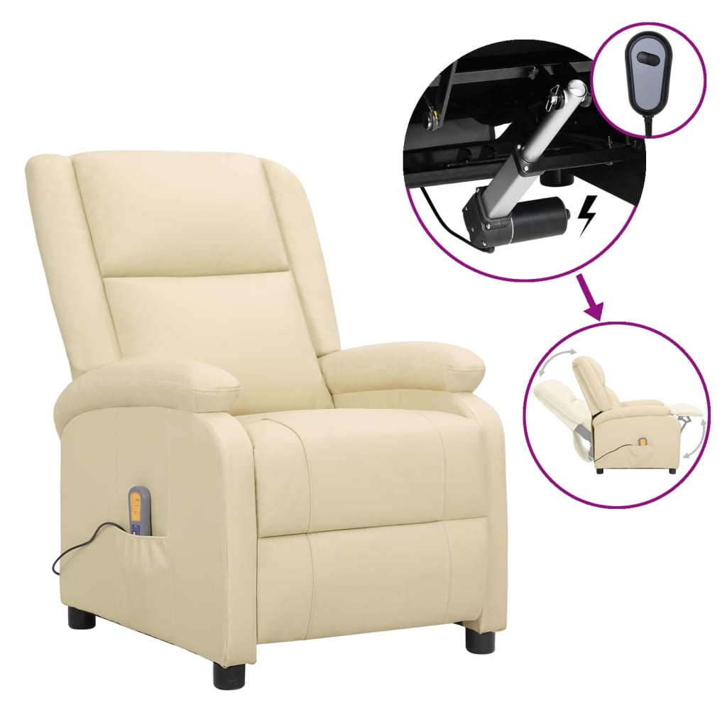 vidaXL Električna masažna fotelja od prave kože krem