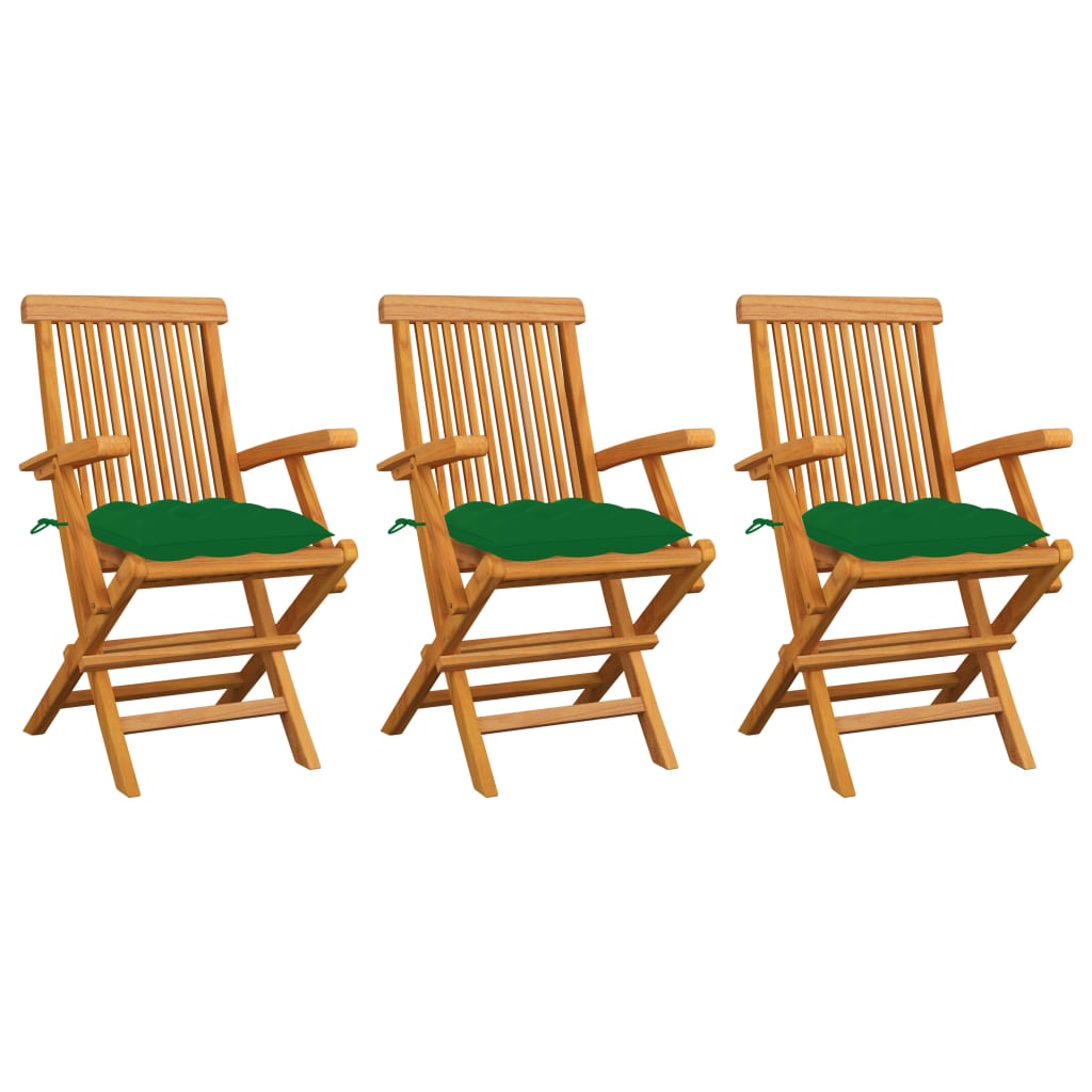 vidaXL Vrtne stolice sa zelenim jastucima 3 kom od masivne tikovine