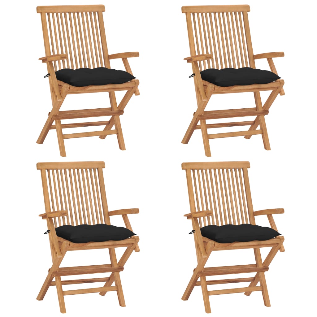 vidaXL Vrtne stolice s crnim jastucima 4 kom od masivne tikovine