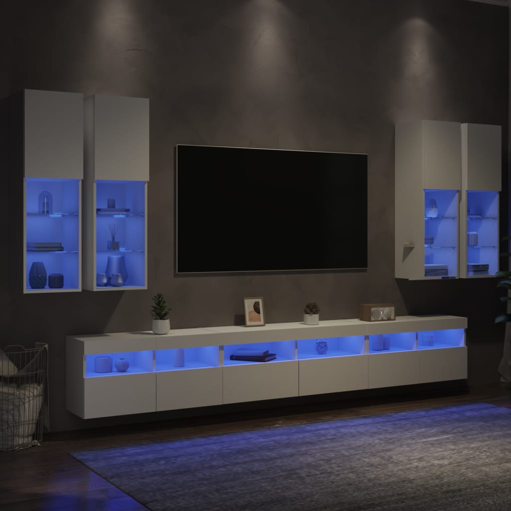 vidaXL 7-dijelni set zidnih TV ormarića s LED svjetlima bijeli