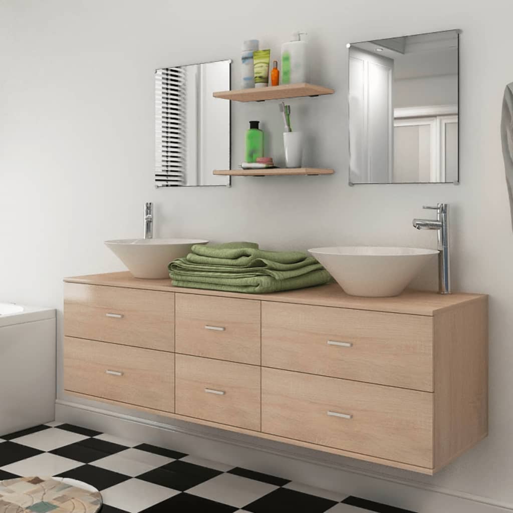 vidaXL 9-dijelni set kupaonskog namještaja s umivaonikom i slavinom bež