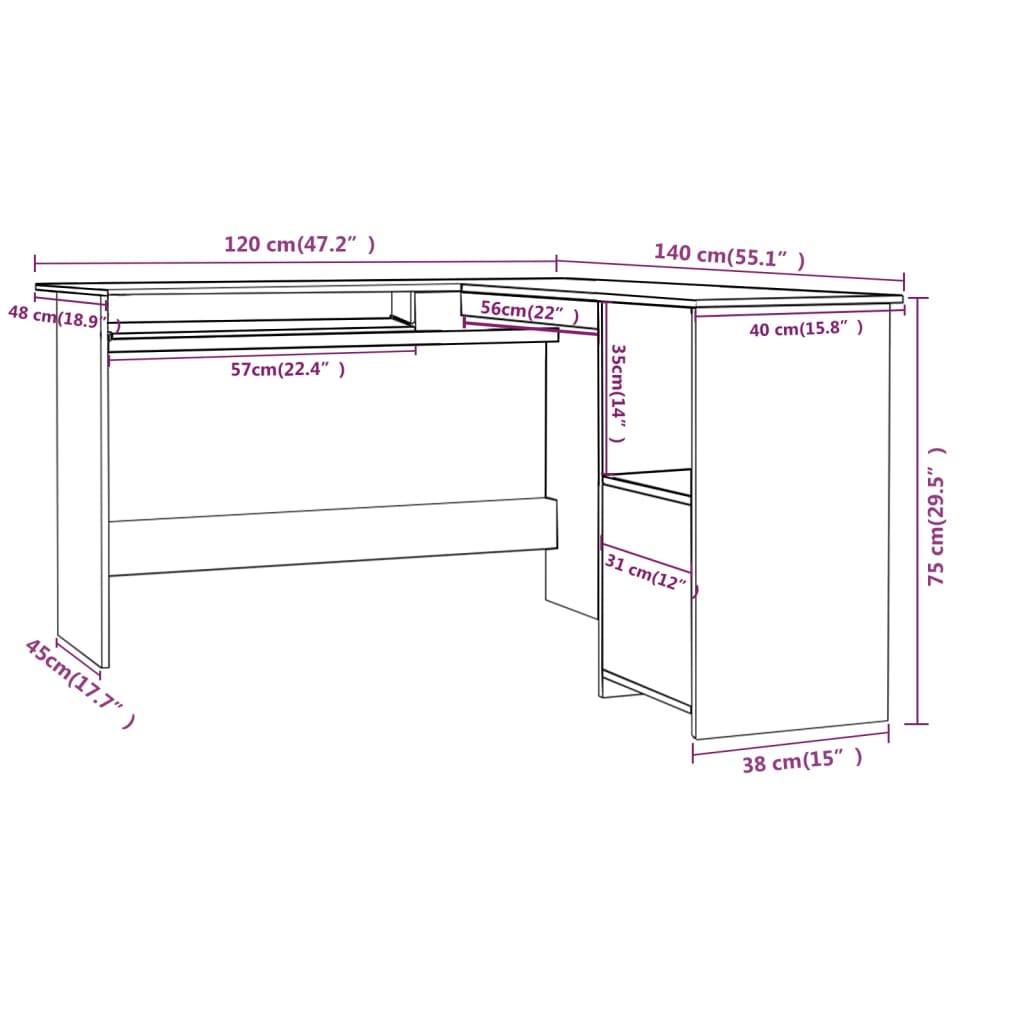 vidaXL Kutni radni stol visoki sjaj crni 120 x 140 x 75 cm od iverice