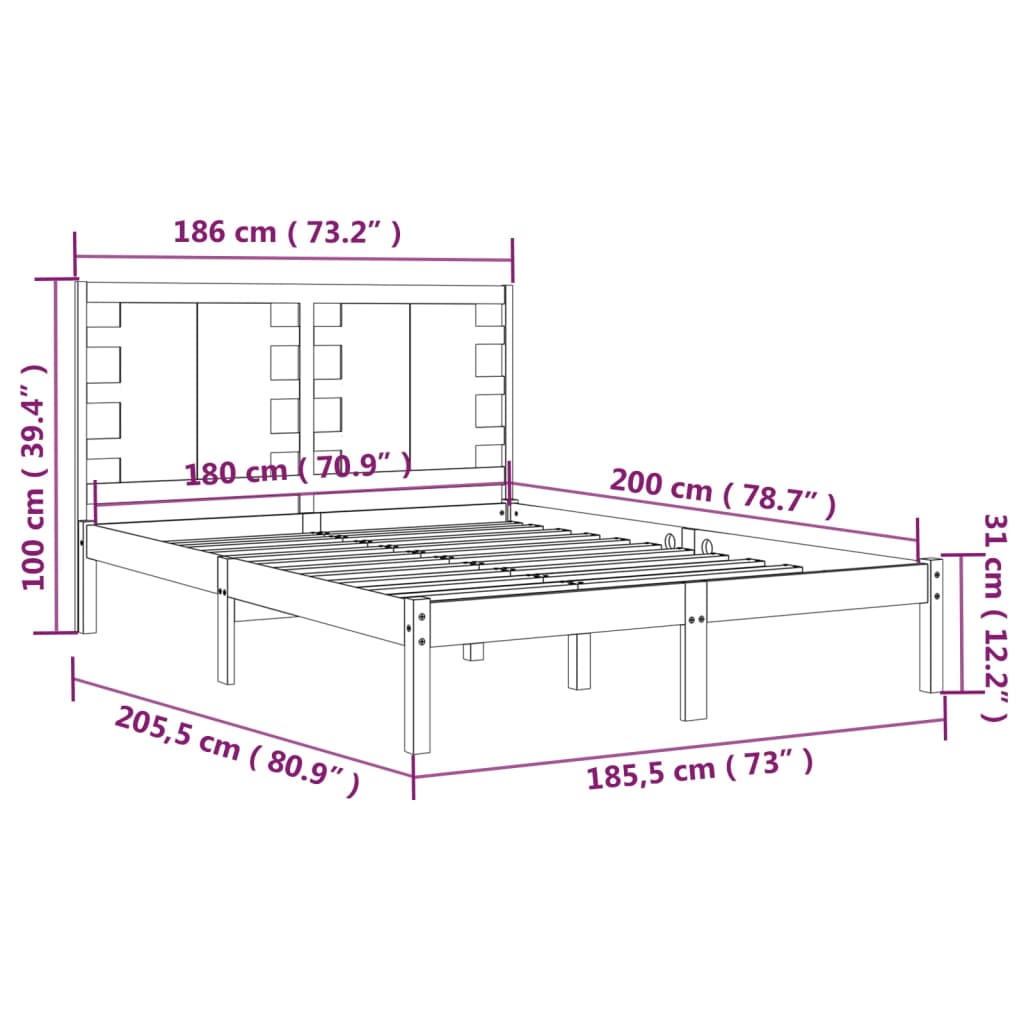 vidaXL Okvir za krevet od masivnog drva crni 180 x 200 cm bračni