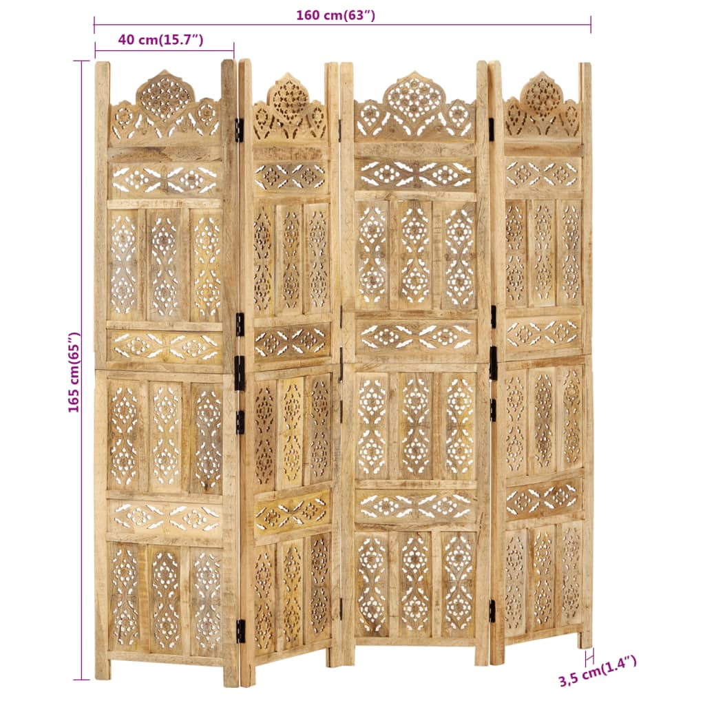 vidaXL Sobna pregrada s 4 panela 160 x 165 cm od masivnog drva manga