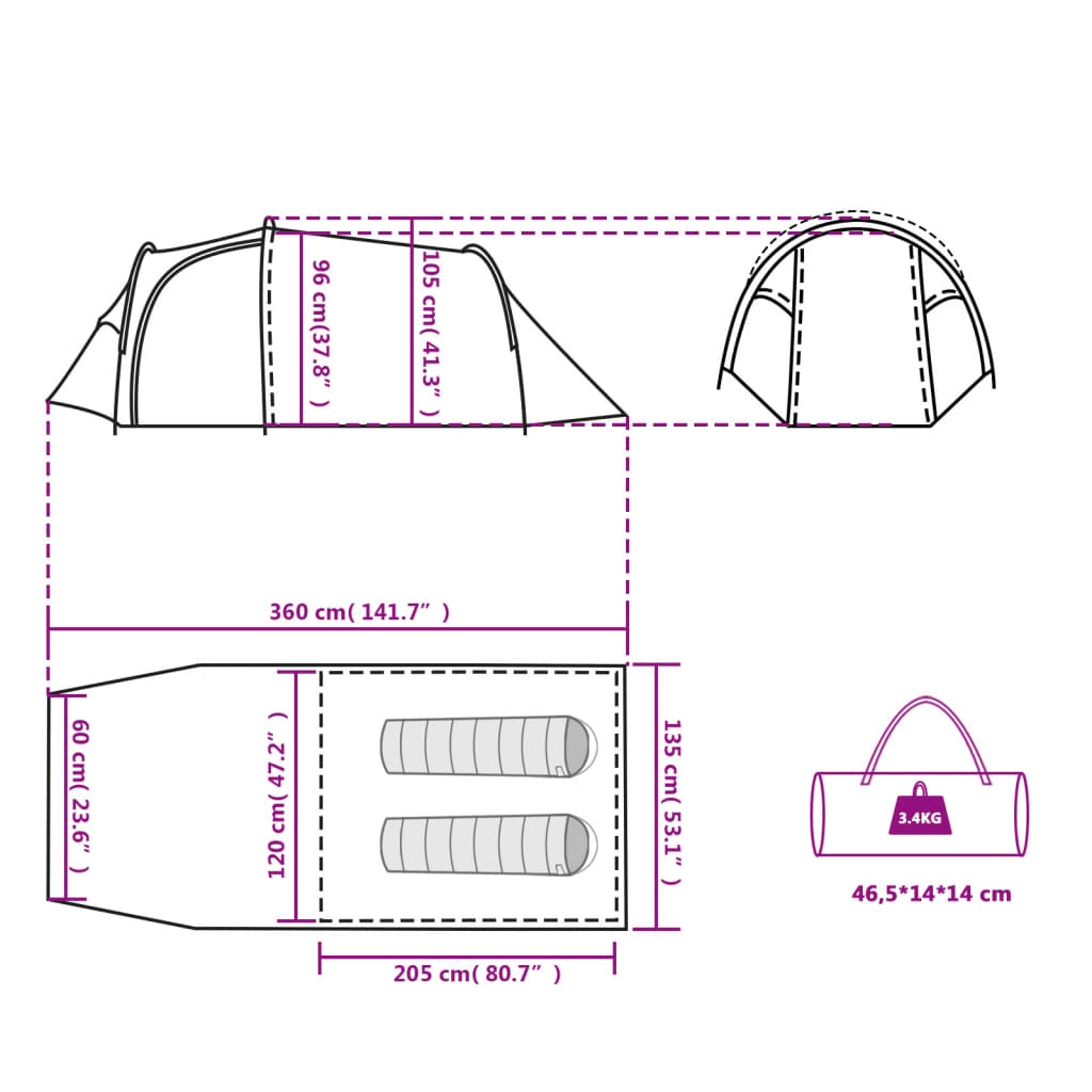 vidaXL Tunelski šator za kampiranje za 2 osobe sivo-narančasti