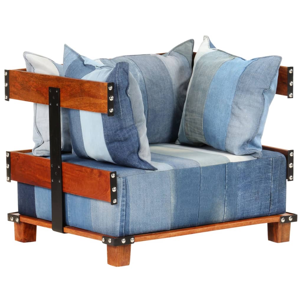 vidaXL Fotelja od traper tkanine i masivnog drva manga 80 x 67 x 62 cm