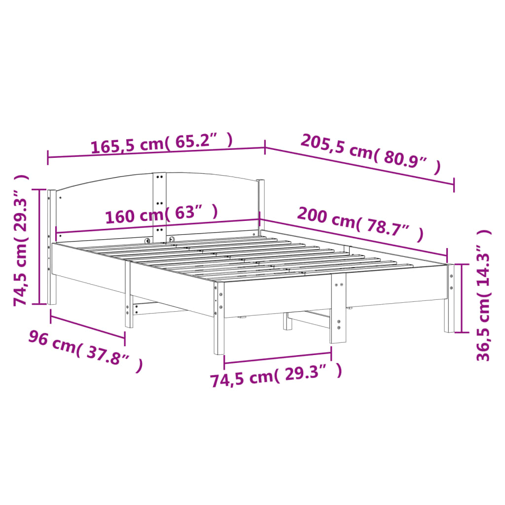 vidaXL Okvir za krevet s uzglavljem 160 x 200 cm od masivne borovine