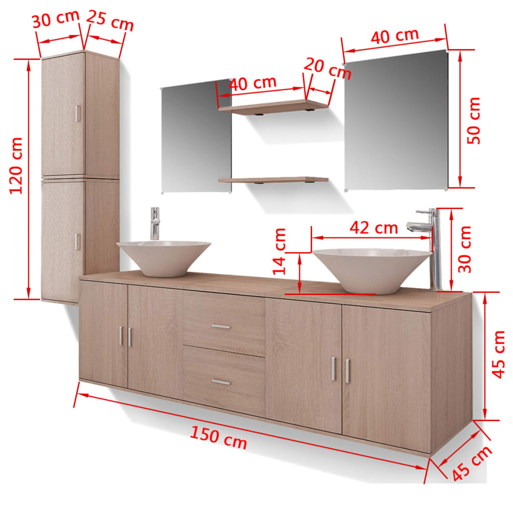 vidaXL 11-dijelni set kupaonskog namještaja s umivaonikom i slavinom bež