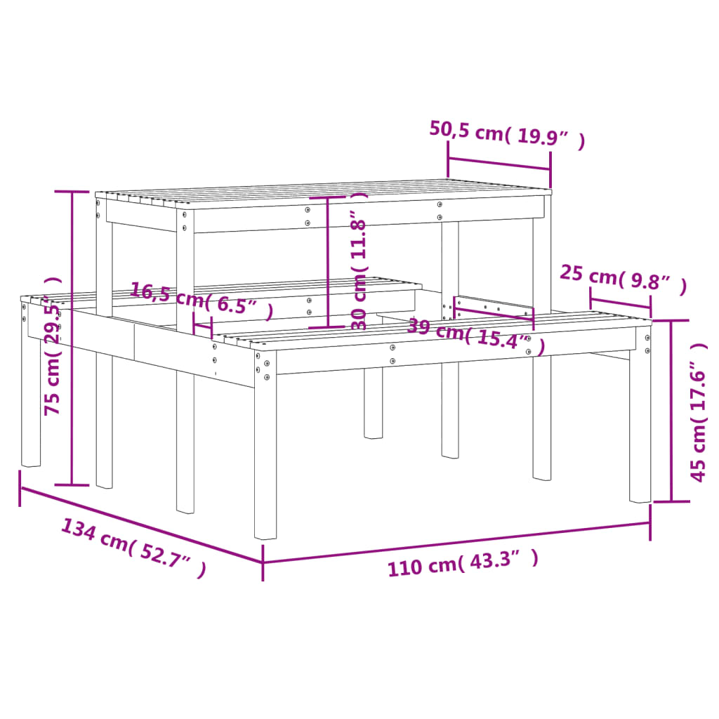 vidaXL Stol za piknik bijeli 110 x 134 x 75 cm od masivne borovine