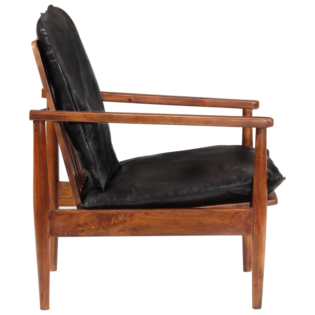 vidaXL Fotelja crna od prave kože i masivnog bagremovog drva