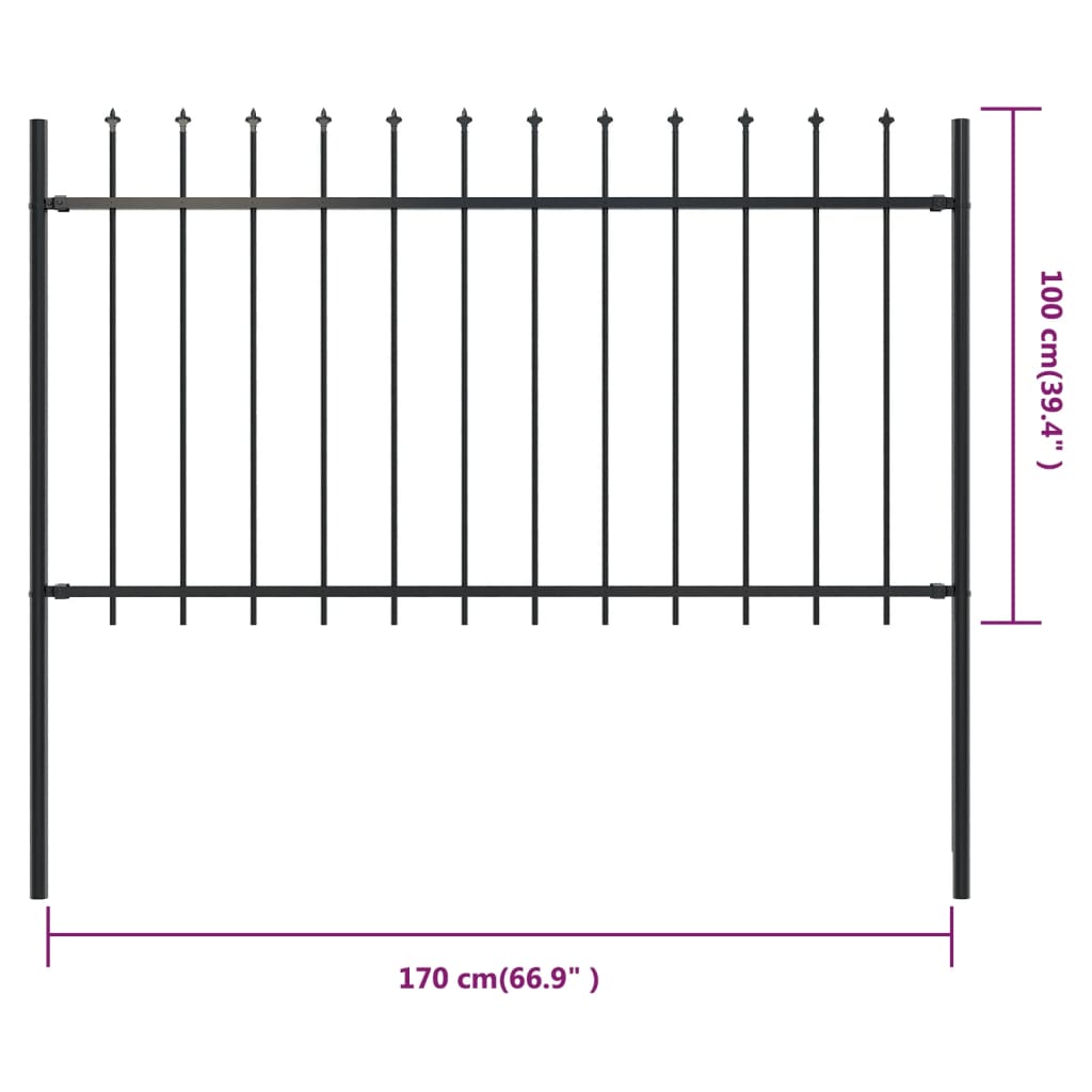 vidaXL Vrtna ograda s ukrasnim kopljima čelična 1,7 x 1 m crna