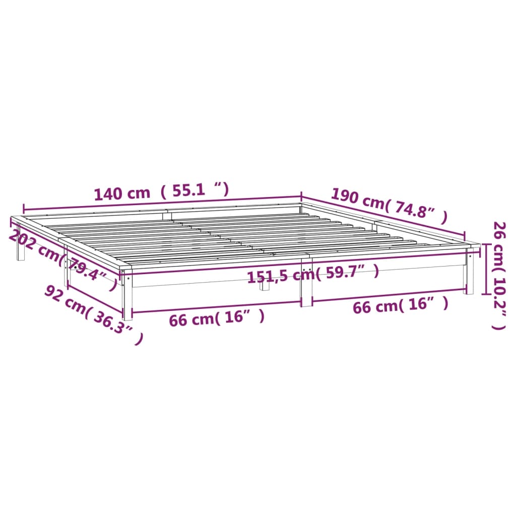 vidaXL LED okvir za krevet crni 140 x 190 cm od masivnog drva