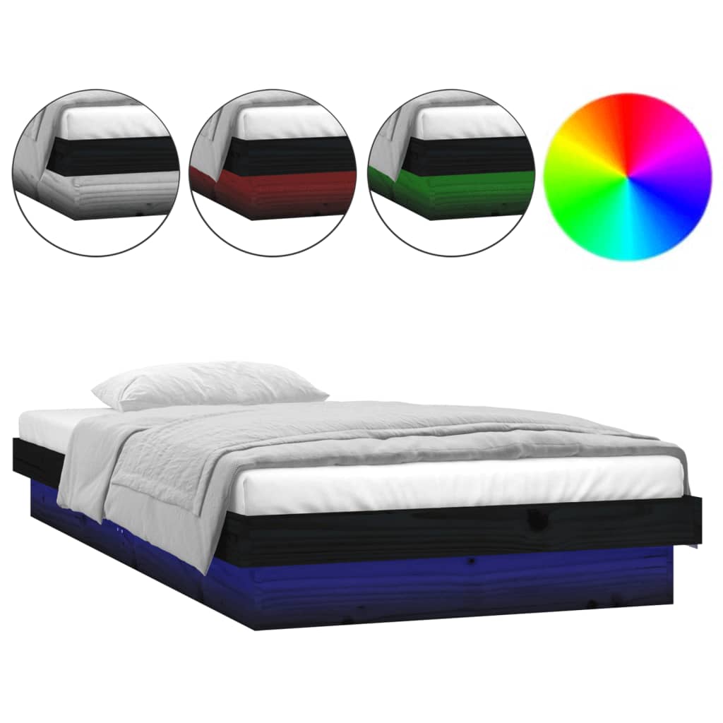 vidaXL LED okvir kreveta crni 90 x 190 cm mali od masivnog drva