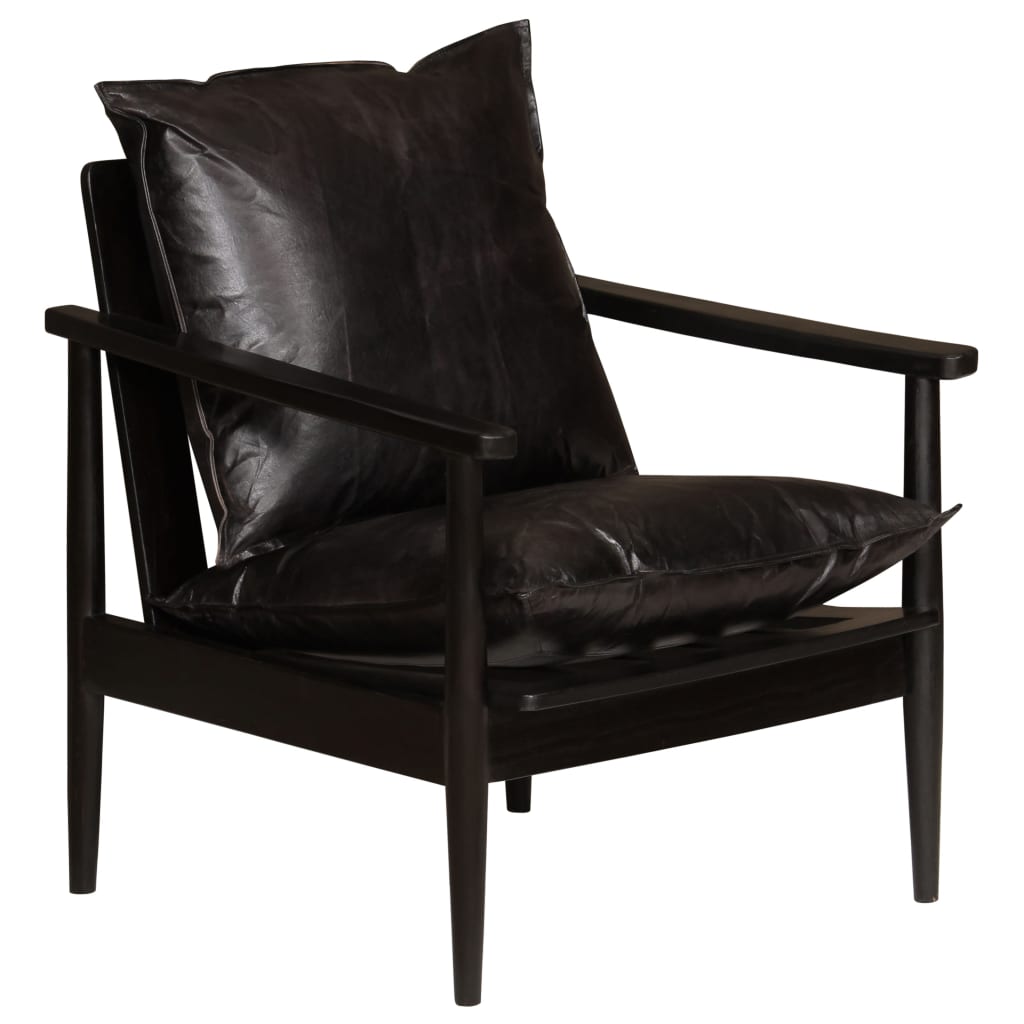 vidaXL Fotelja od prave kože i bagremovog drva crna