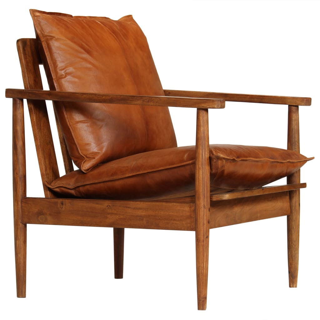 vidaXL Fotelja od prave kože i bagremovog drva smeđa