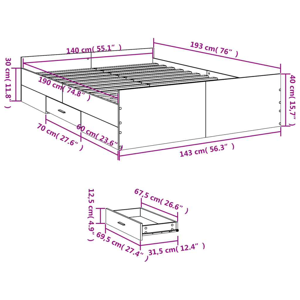 vidaXL Okvir za krevet s ladicama crni 140x190 cm konstruirano drvo