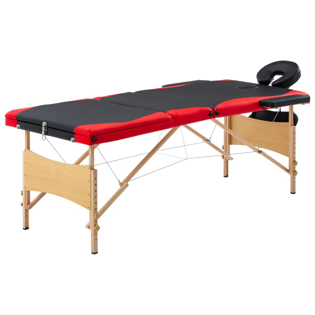 vidaXL Sklopivi masažni stol s 3 zone drveni crno-crveni