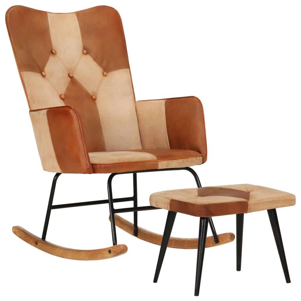 vidaXL Stolica za ljuljanje s tabureom smeđa od prave kože i platna