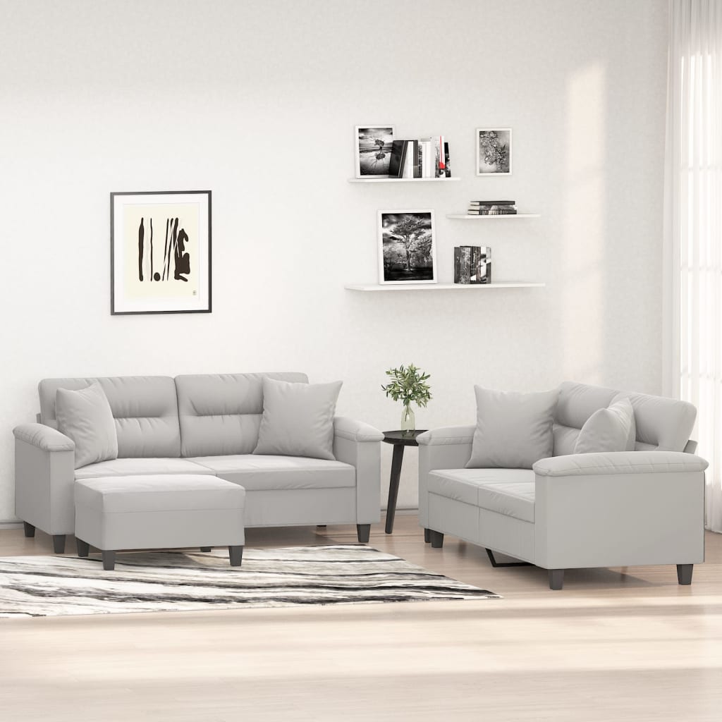 vidaXL 3-dijelni set sofa s jastucima svjetlosivi od mikrovlakana