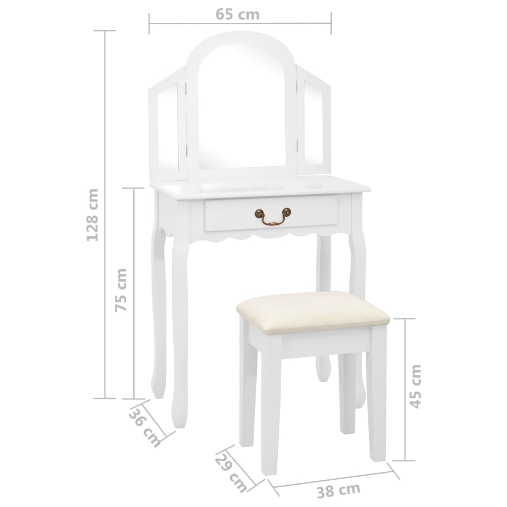 vidaXL Toaletni stolić sa stolcem bijeli 65x36x128 cm paulovnija i MDF