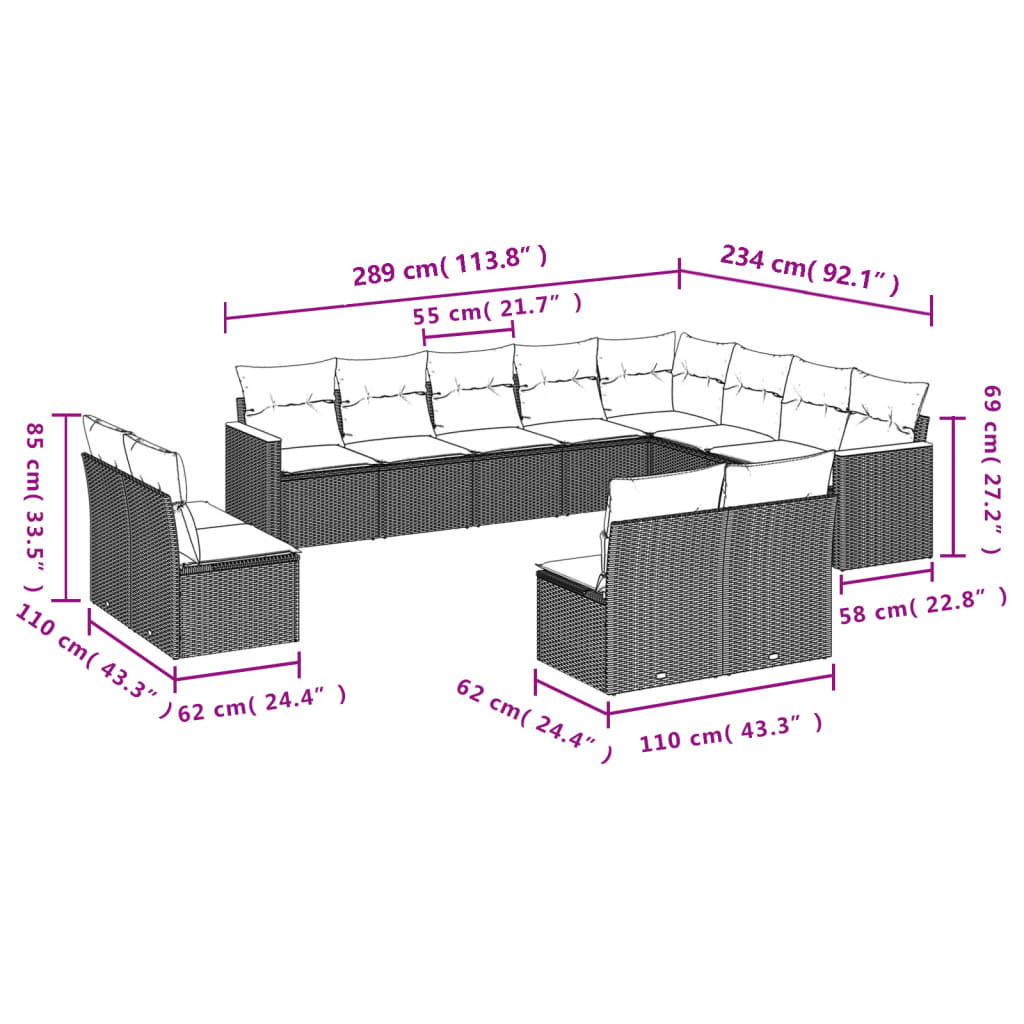 vidaXL 12-dijelni set vrtnih sofa od poliratana s jastucima sivi