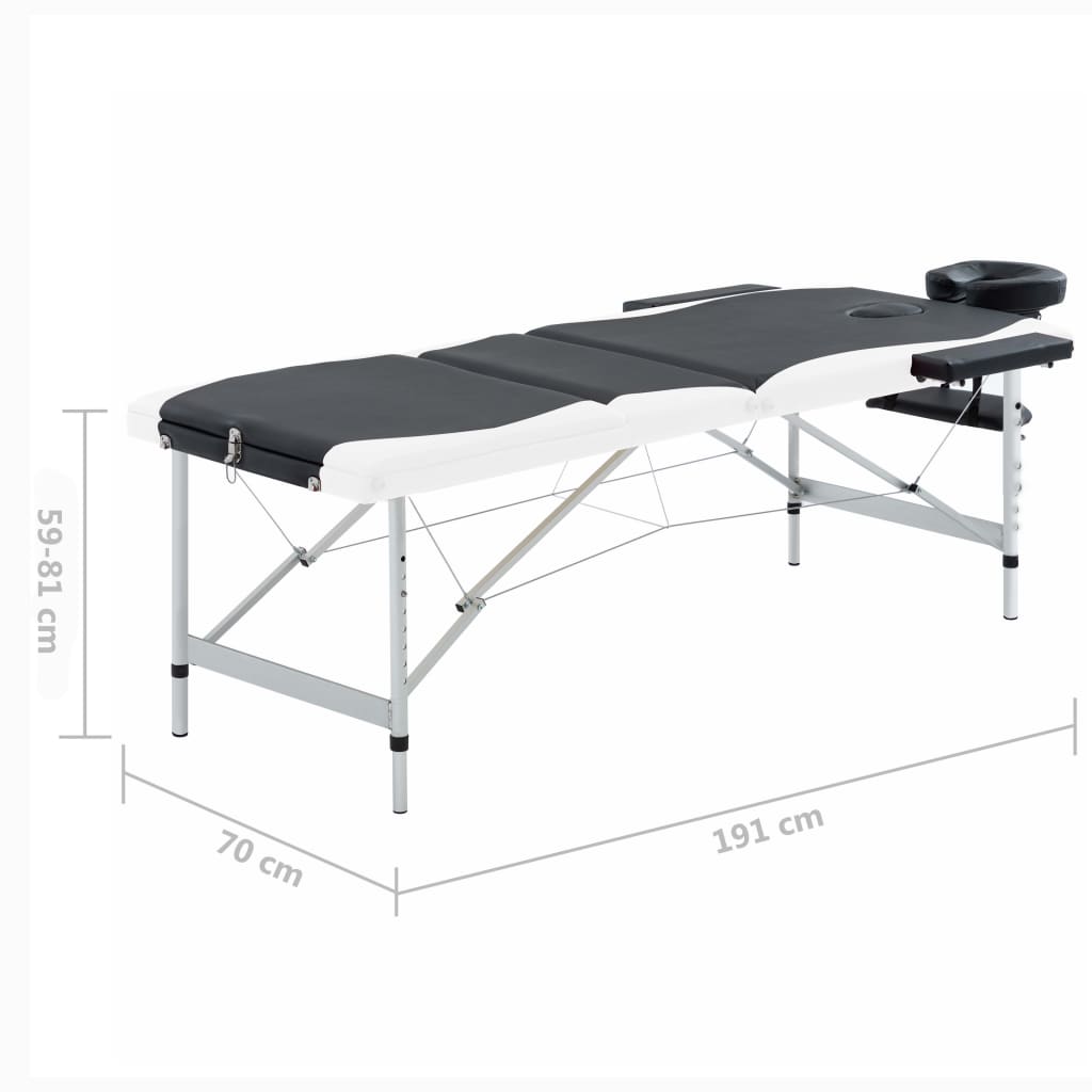 vidaXL Sklopivi stol za masažu s 3 zone aluminijski crno-bijeli