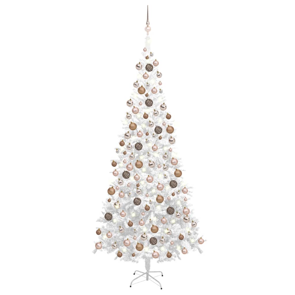 vidaXL Umjetno osvijetljeno božićno drvce s kuglicama L 240 cm bijelo