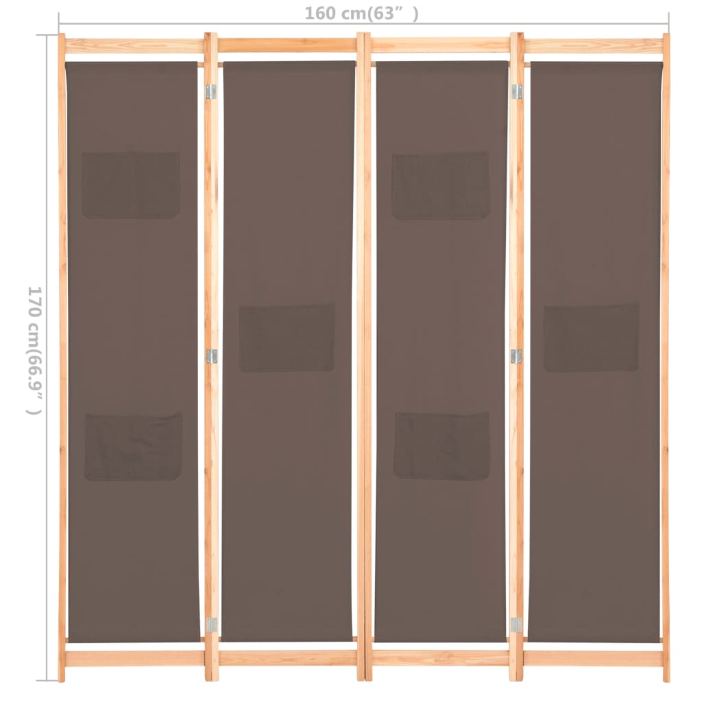 vidaXL Sobna pregrada s 4 panela od tkanine 160 x 170 x 4 cm smeđa