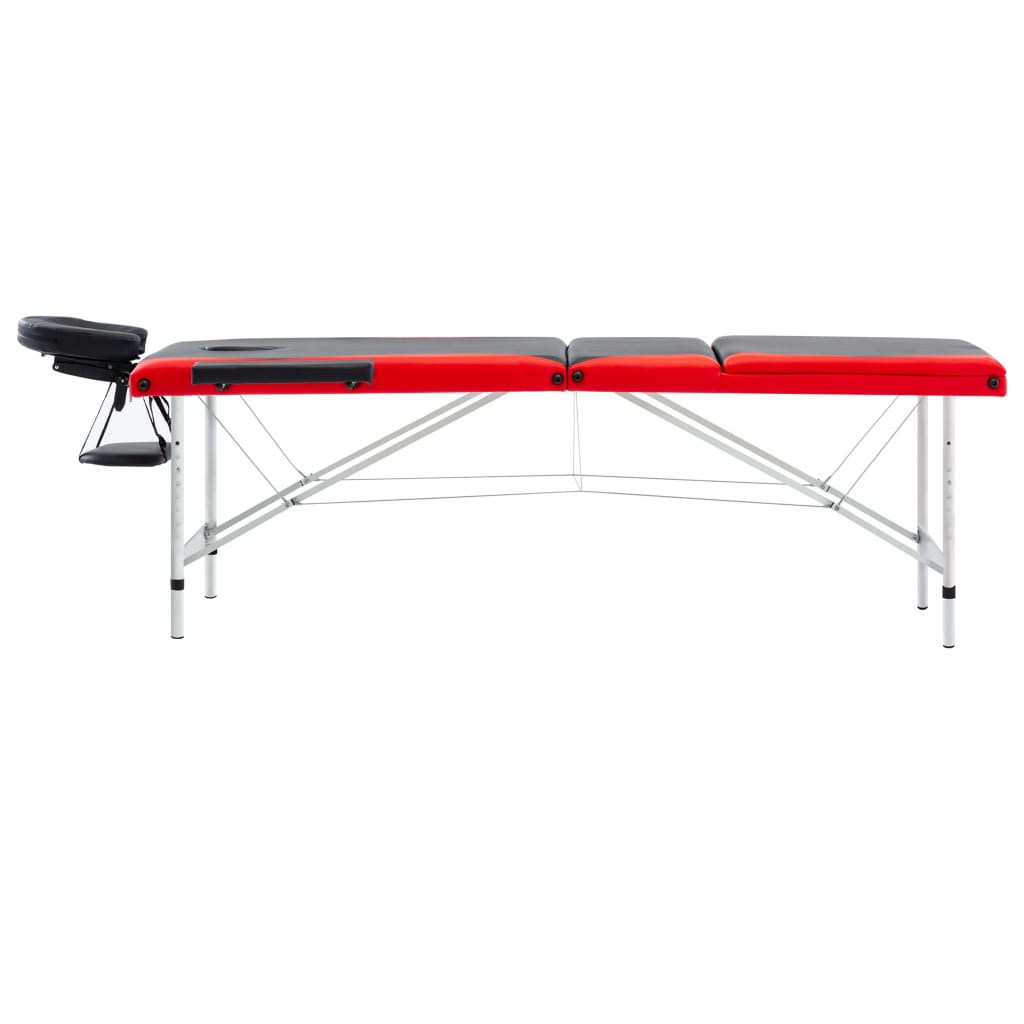 vidaXL Sklopivi stol za masažu s 3 zone aluminijski crno-crveni