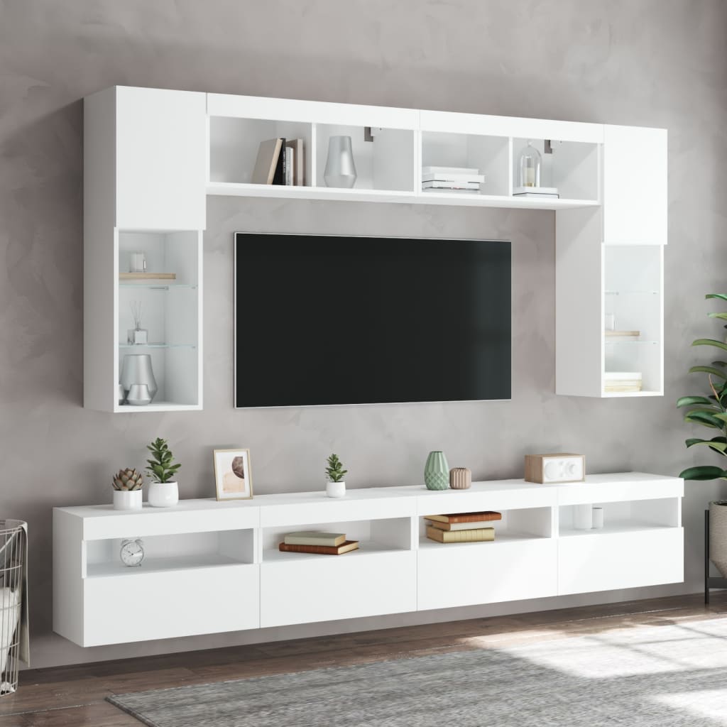vidaXL 8-dijelni set zidnih TV ormarića s LED svjetlima bijeli
