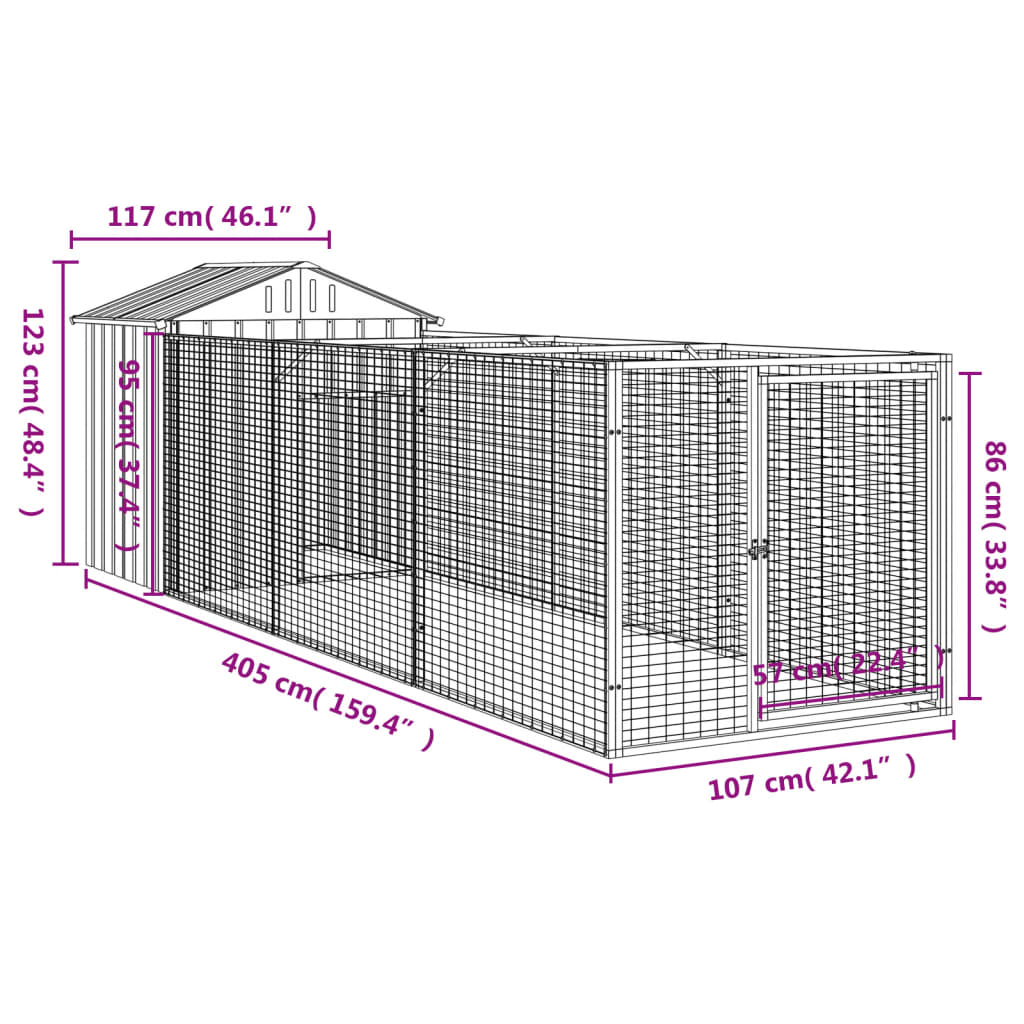 vidaXL Kućica za pse s krovom antracit 117x405x123 cm pocinčani čelik