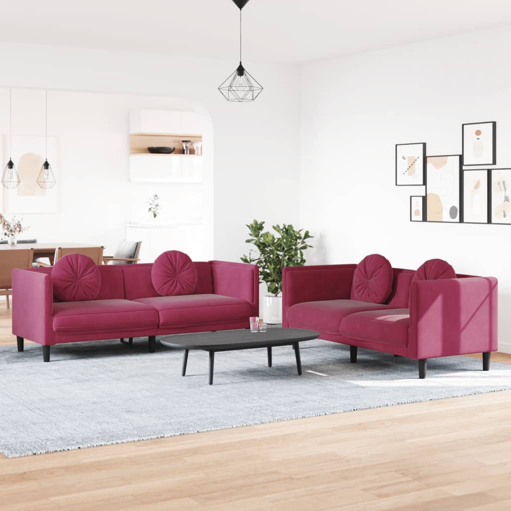 vidaXL 2-dijelni set sofa s jastucima crvena boja vina baršunasti