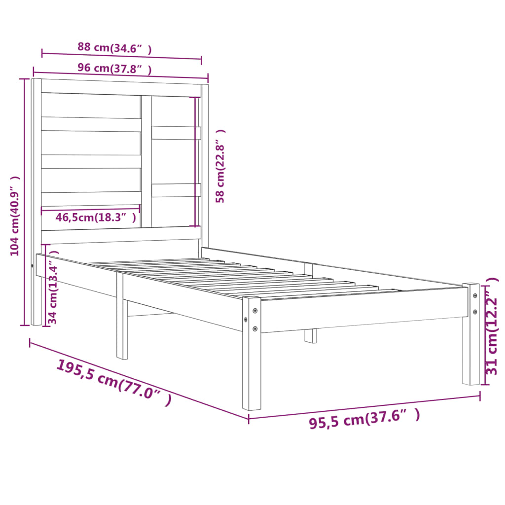 vidaXL Okvir za krevet crni od masivnog drva 90 x 190 cm mali