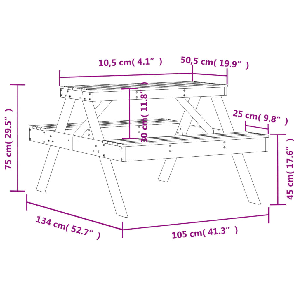 vidaXL Stol za piknik voštano smeđi 105 x 134 x 75 cm masivna borovina
