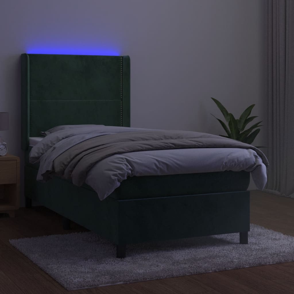 vidaXL Krevet box spring s madracem LED tamnozeleni 100x200 cm baršun