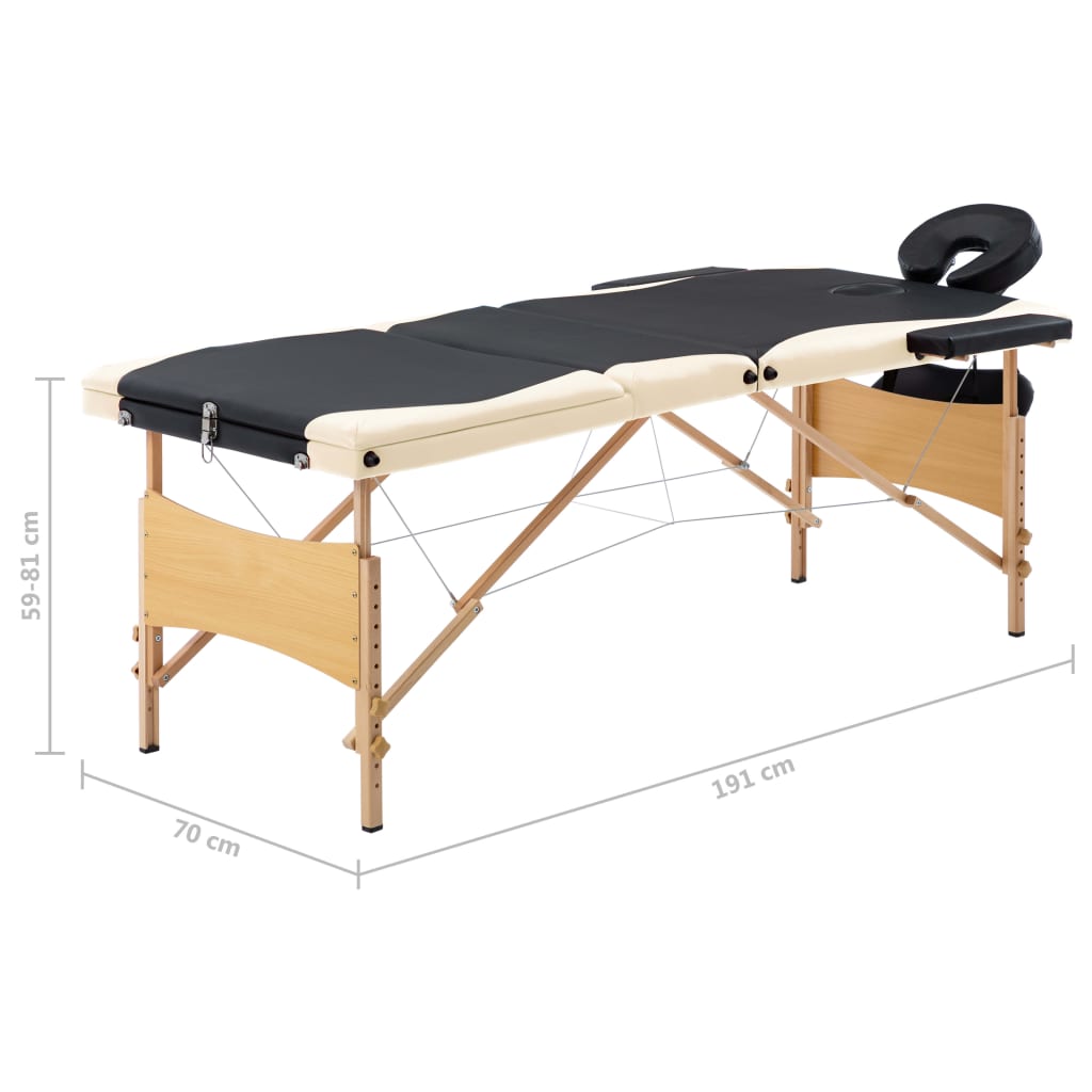 vidaXL Sklopivi stol za masažu s 3 zone drveni crni i bež